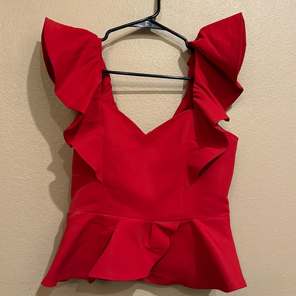 Express Red cropped, v neck, flare sleeves blouse. Size S. Worn once.